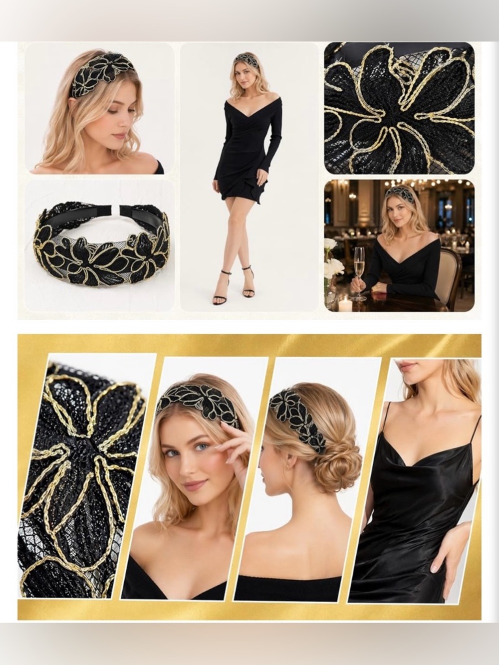 Flapper Headband for Women 1920s Vintage Floral Headpiece Elegant Black and Gold - Picture 9 of 11